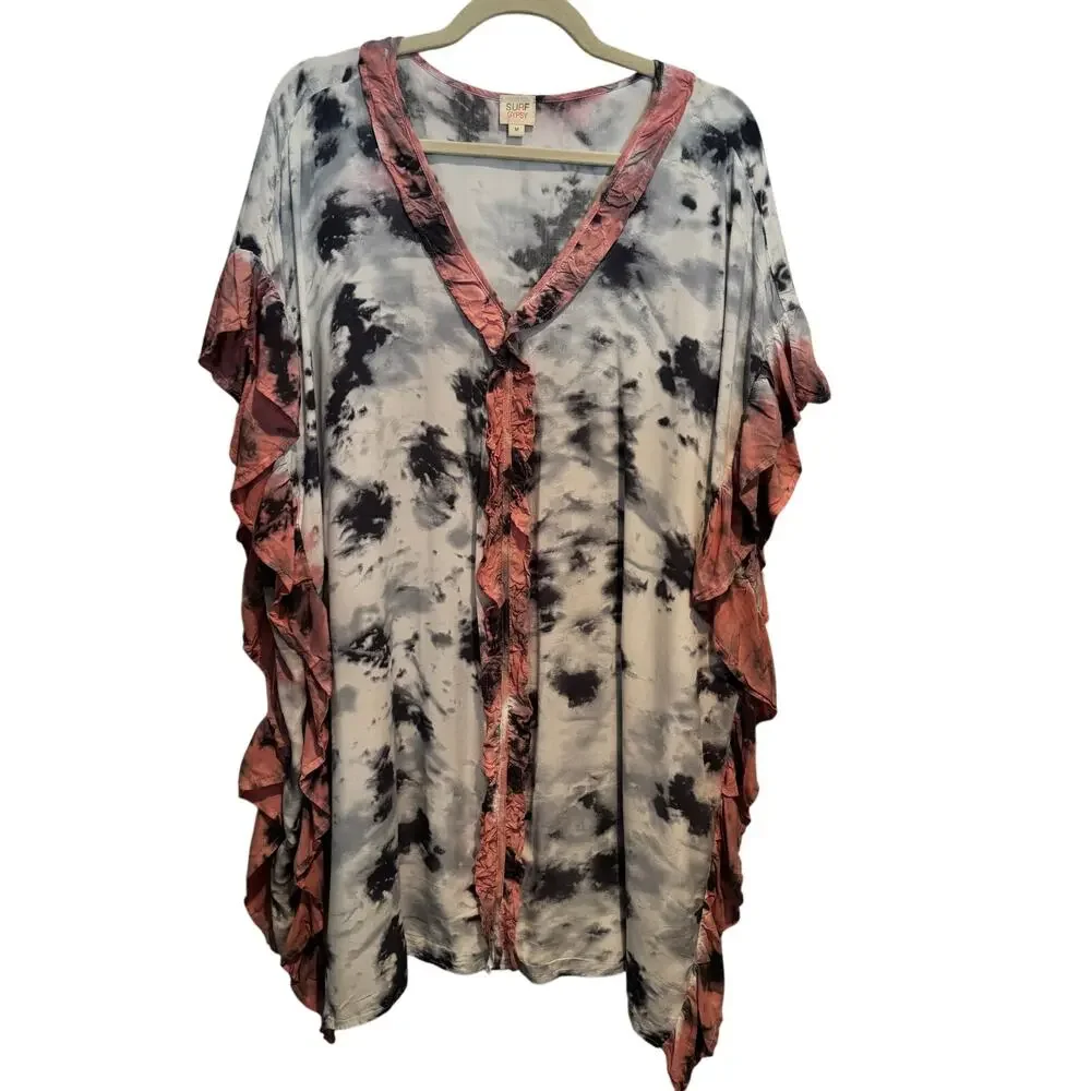 Surf Gypsy Tie Dye Ruffle Rayon Oversized Coverup Lounge Dress Women's Size M